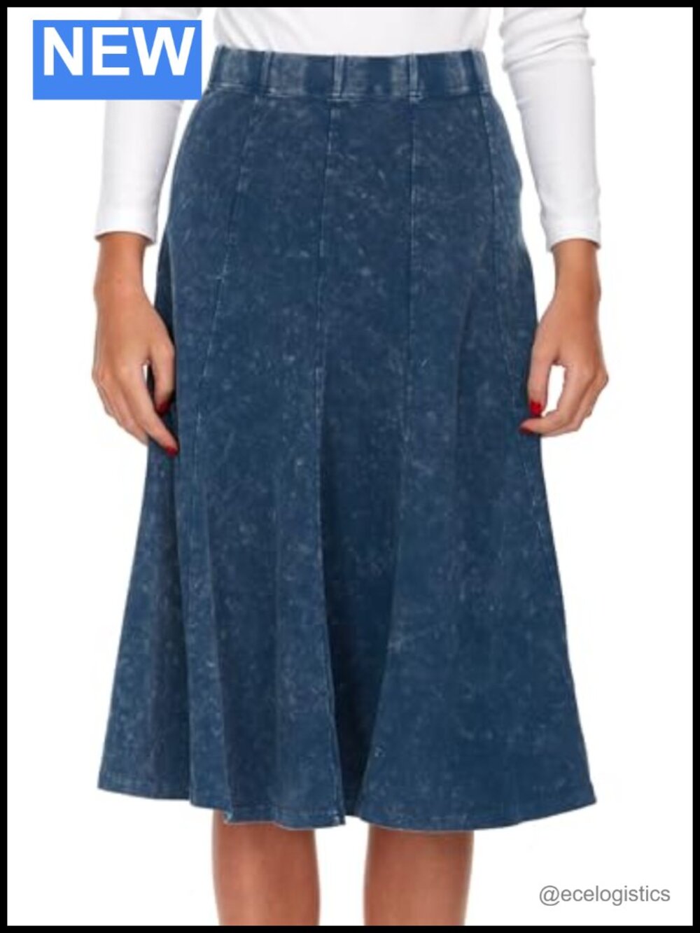 Women's Stonewash Cotton Flared Midi Skirt Denim Look Elastic Waist